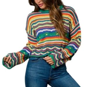 Cellecci Bright Colorful Crochet Long Flutter Sleeve Cropped Sweater Size S